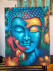 Pintura de Buda - Flor Azul e Dourada